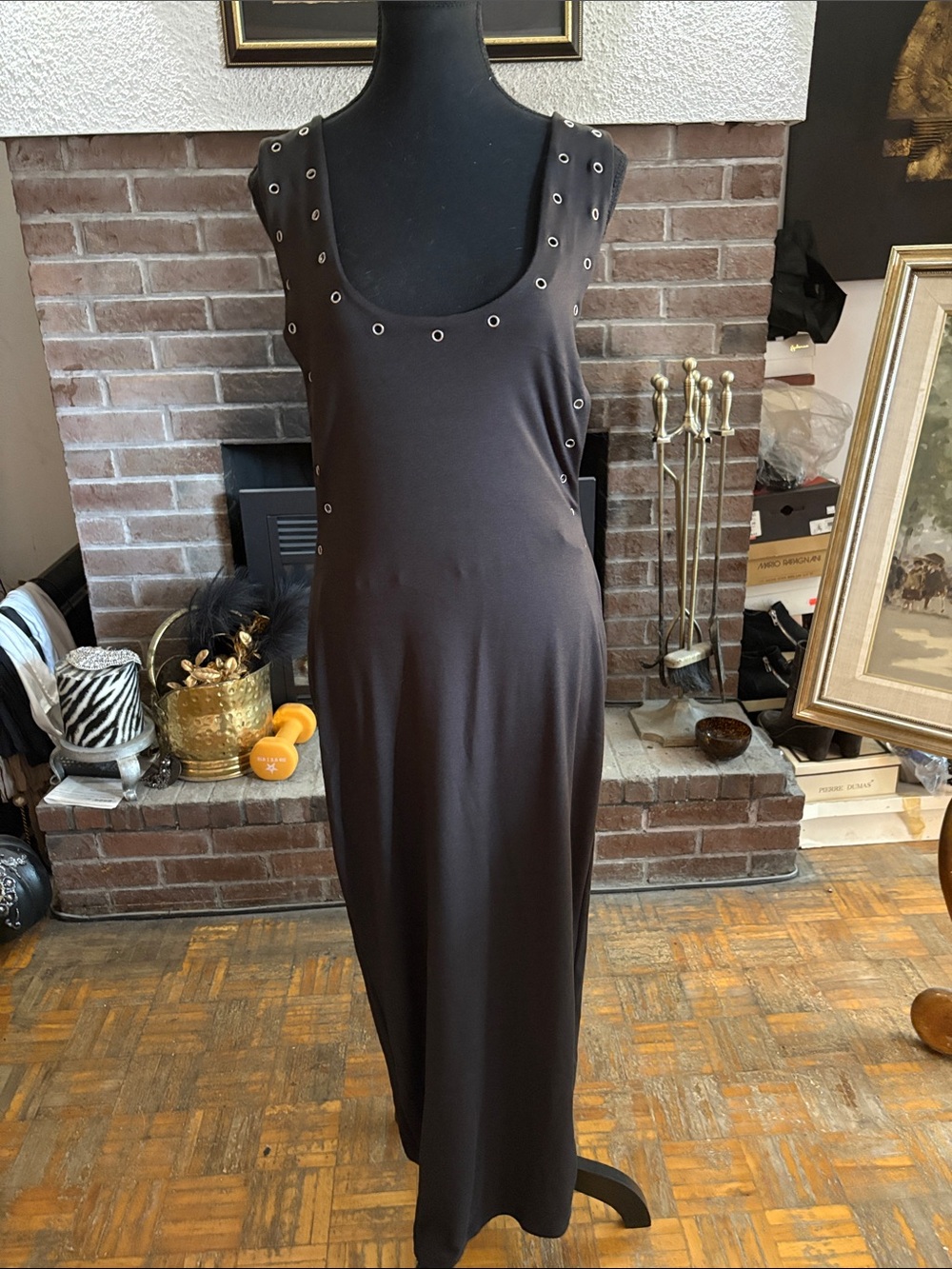 Sleeveless Black Maxi Dress with Grommet Trim